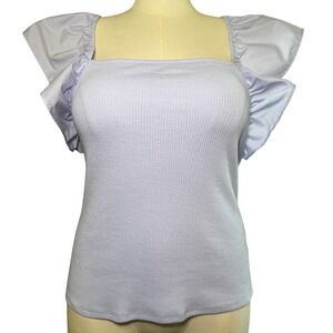 A New Day Light Blue Ribbed Tank Top Blouse Shirt‎ With Flutter Sleeves XL NWT